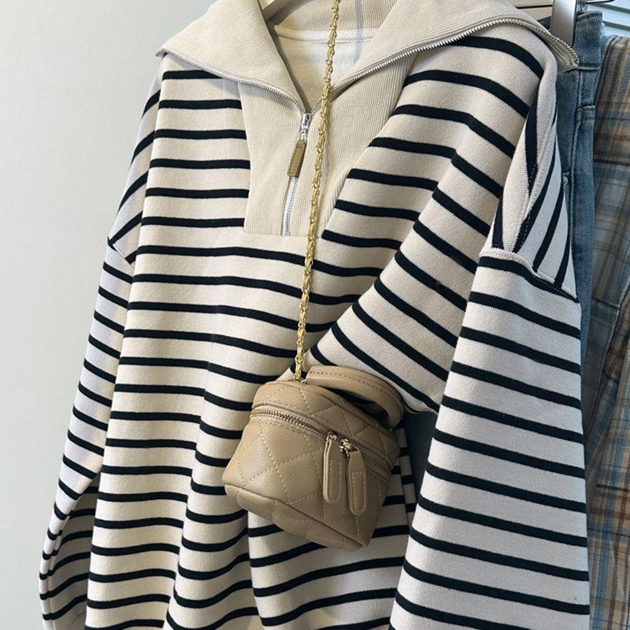 BF Striped Polo Collar Fleece Sweatshirt - Women's Autumn Winter Korean Style Casual Half Zip Top