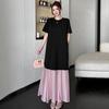 DIMANAF 2026 Verão Novo Tamanho Grande Feminino Cor Preto Rosa Manga Curta Solta Vestido Camisa Moda Senhora Vestido Longo