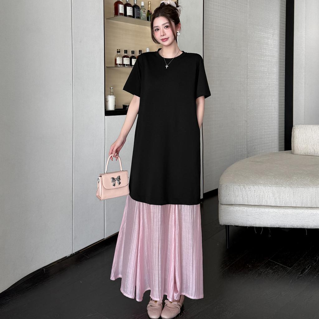 DIMANAF 2026 Summer New Plus Size Women Black Pink Color Short Sleeve Loose Shirt Dress Fashion Lady Long Dress