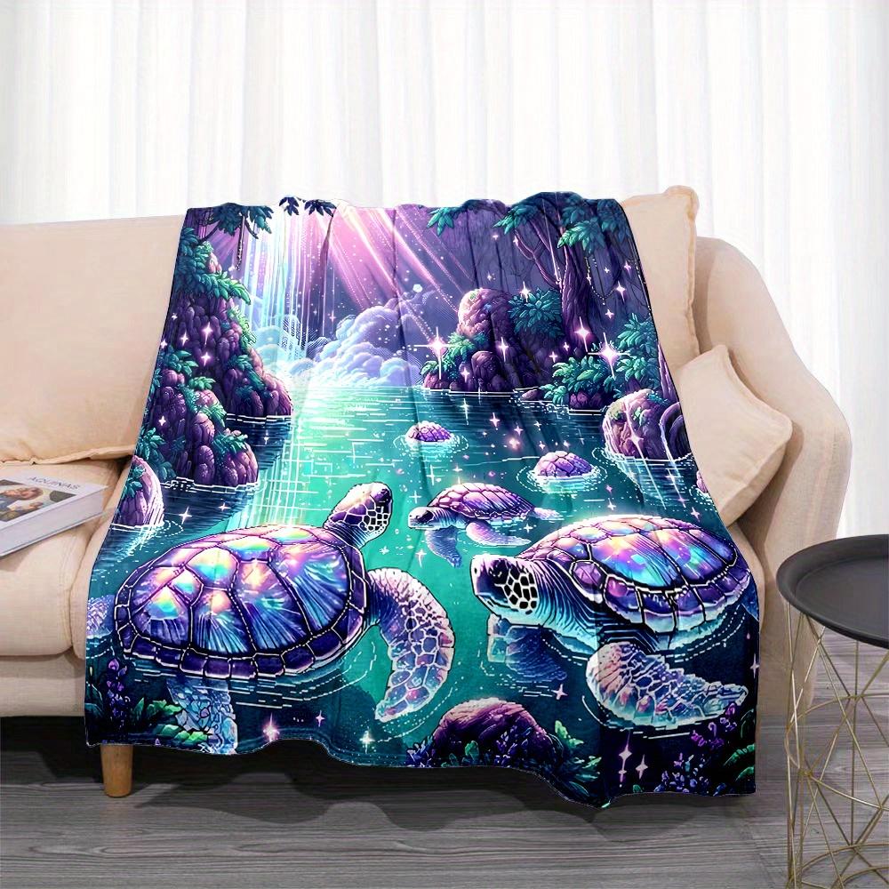 Reversible Digital Print Flannel Throw Blanket, Soft Non-Shedding Polyester with Contemporary Cartoon Turtle Pattern