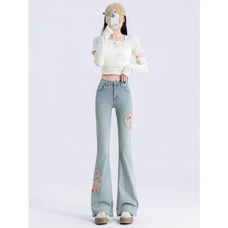 

Женские джинсы клеш с вышивкой, с высокой посадкой, весна-лето L