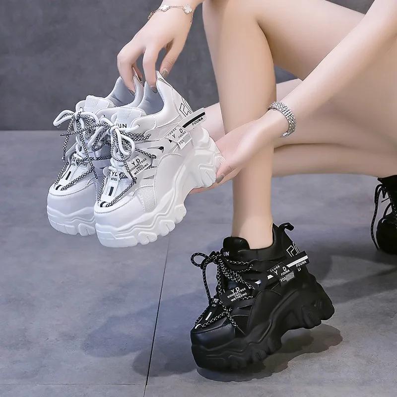 Fashion 9CM Autumn Women's Casual Sports Shoes High Platform Lacu-up Shoes Comfortable Women's Chunky Sneakers Breathable Outdoor Shoes