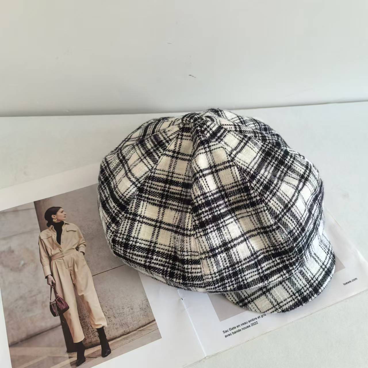 

Retro, octagonal hat travel sunshade painter hat literary plaid shell egg hat female summer and autumn show small face M（56-58cm） білий