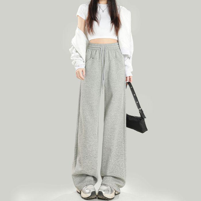 Women s High-Waist Gray Drawstring Banana Pants: Spring 2025 Slimming Wide-Leg Casual Sweatpants Small