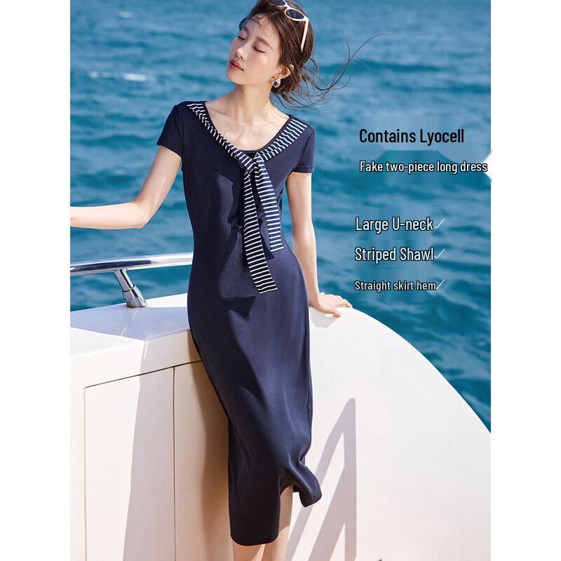 

MOHAN YIMEI Women s Lyocell Faux Two-Piece Striped Shawl Knit Dress L