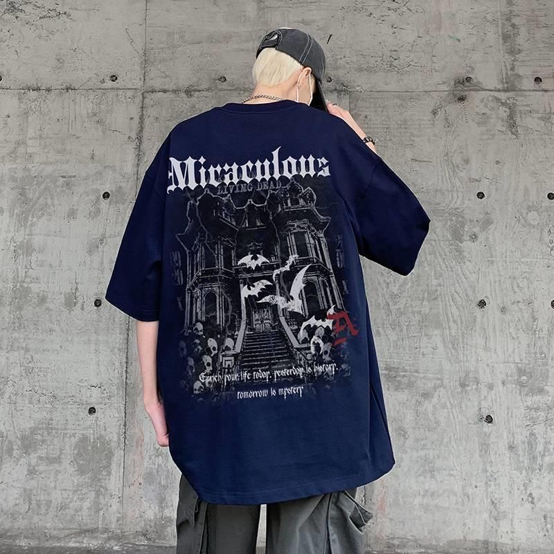 летняя мужская футболка из чистого хлопка с винтажным принтом в виде букв в стиле Харадзюку с круглым вырезом свободного покроя повседневные топы Y2K мужские футболки черные белые мужские хип-хоп уличная одежда XXL темно-синий 1209₽