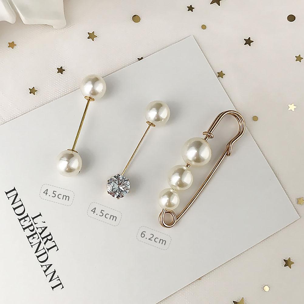 Fashion Prevent Wardrobe Malfunction Pearl Bead Diamante Brooch Collar Pin Set