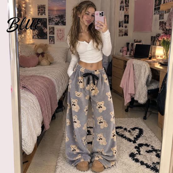 Bear Print Pajamas Women Plush Sleeping Pants Wide Leg Pajama Bottoms Pants Thickened Warm Lounge for Autumn Winter Home Wear Bottoms