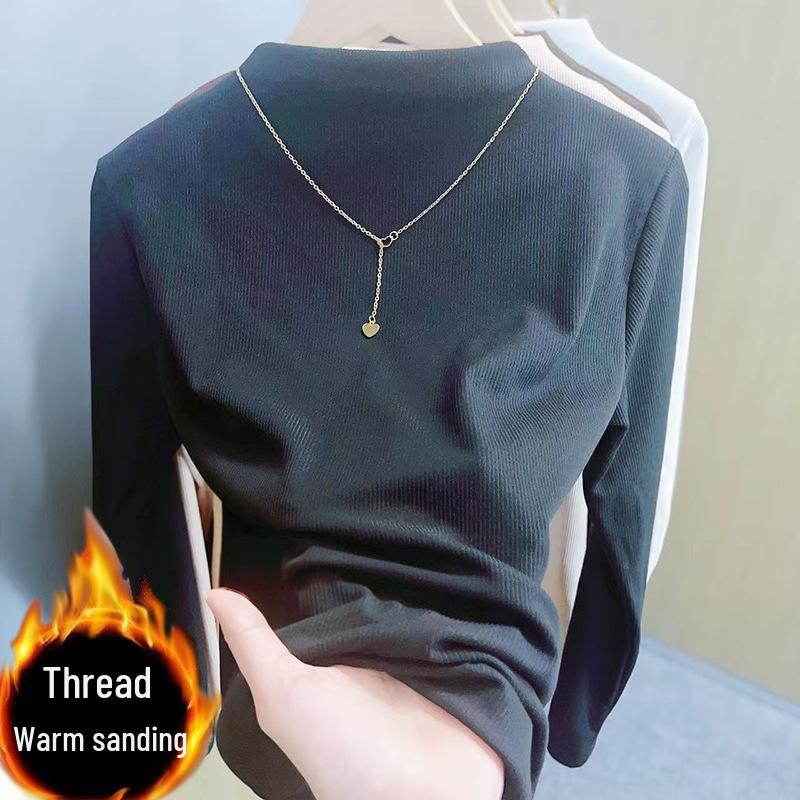 Women's Autumn/Winter 2024 Thick Velvet Half-High Collar Slim Fit Long-Sleeve Top