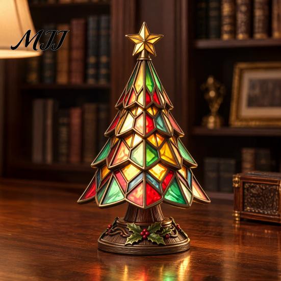 Unique Christmas Gifts for Friends Tree Table Lamp, Stained Glass Effect LED Night Light, Colorful Exquisite Resin Craft Ornaments Bedside Light