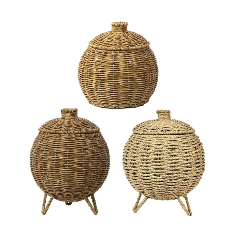 Woven Storage Basket with Lid for Desk Stationery Plastic Flower Basket Sundries Organizer for Offices and Home Use