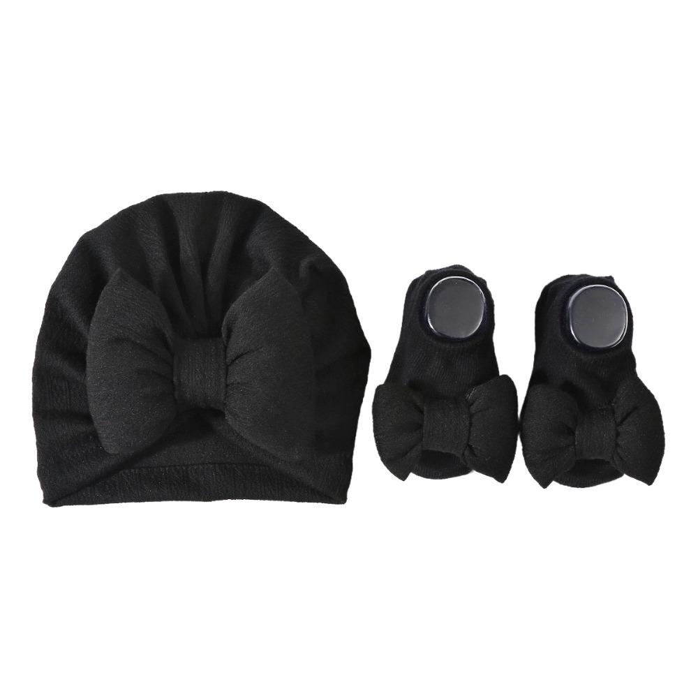 Cotton Knit Baby Hat Socks Set 0-12 Months Newborn Turban Hat Baby Bow Fetal Cap Home/Outdoor
