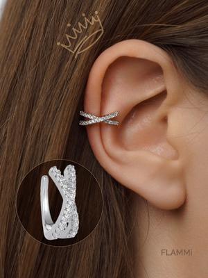 Σκουλαρίκια Κλιπ Καρυδιάς Αυτιού Κυματοειδούς Σταυρού με Ζιργκόν Λαμπερό Πλήρως με Διαμάντια