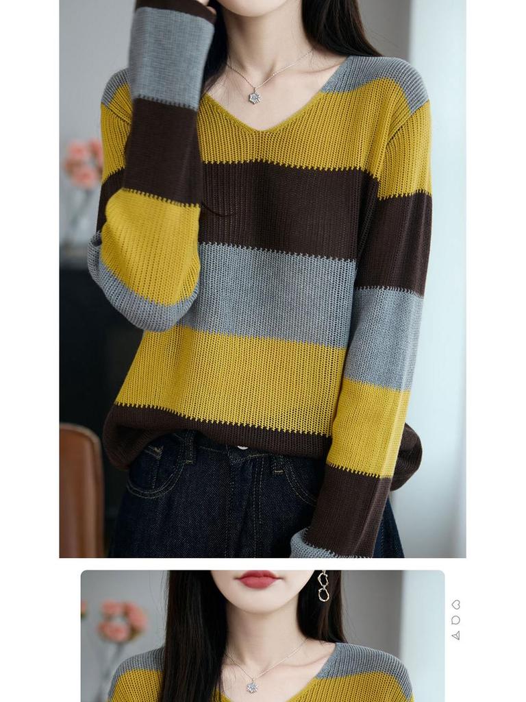 Women's Autumn V-Neck Color Block Striped Sweater - Soft, Loose, and Versatile