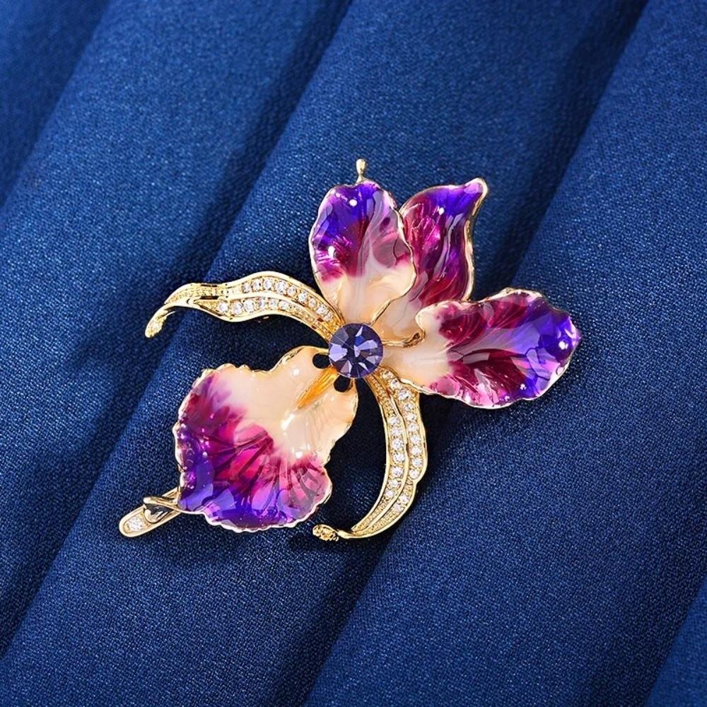 Rhinestone Enamel Lapel Pin Sparkling Plants Badge Vintage Iris Flower Brooch  Suit