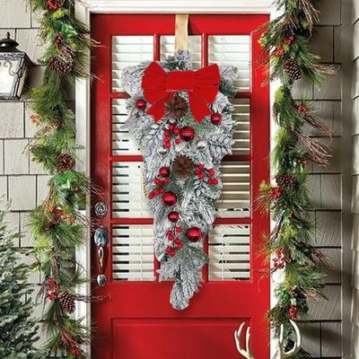 Christmas Teardrop Bow Swag Flocked Wreath Artificial Snowy for Front Door Wedding Home