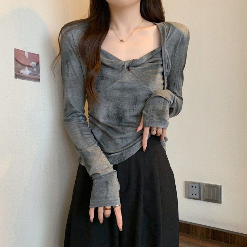 Oversized French Square Neck T Shirt With Embroidery For Spring Casual Wear