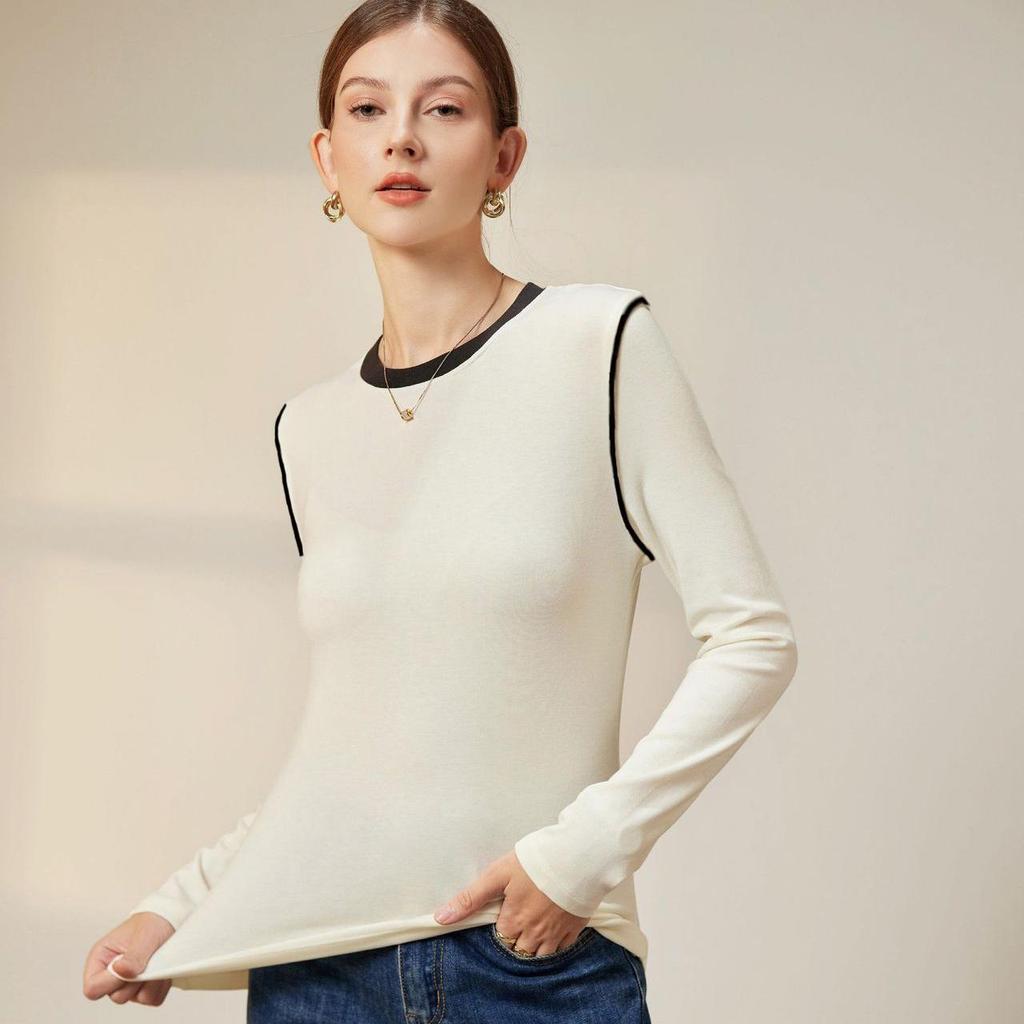 Women's Classic Black & White Color Block Crew Neck Long Sleeve T-Shirt - Spring Collection Wool Acetate Lyocell Base Layer