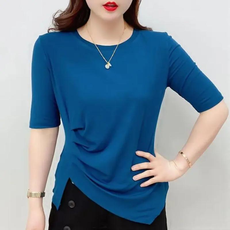 Summer Irregular Short-sleeved T-shirt Women New Stylish Split Design Plus-size Elegant Top Slim-fit Blouse