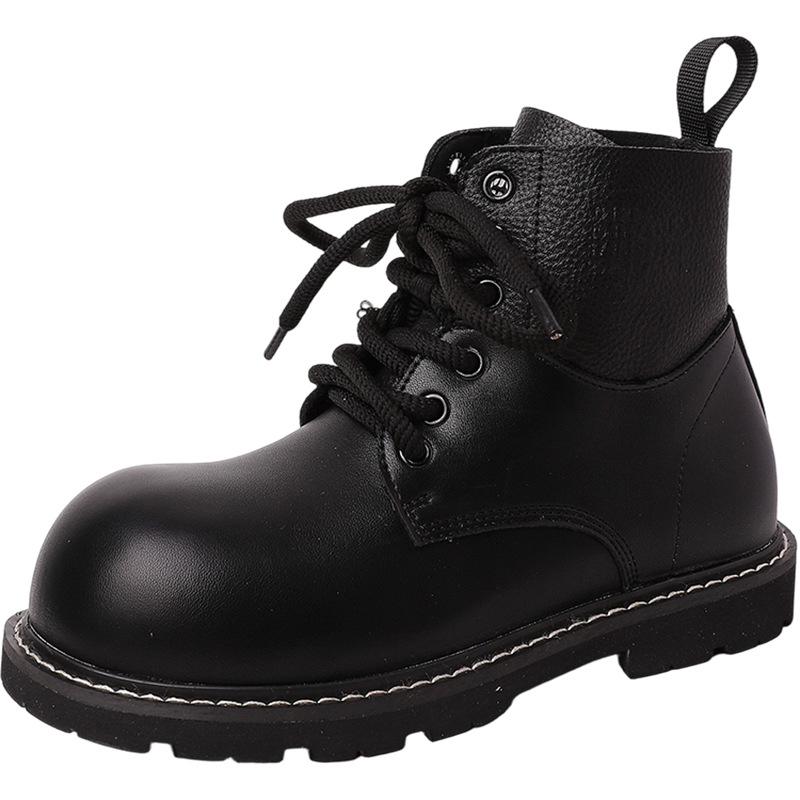 Fashion Retro Versatile Leather Boots Solid Color Lace-up Platform Martin Boots Autumn and Winter College Style Short Boots British Style Fashion B