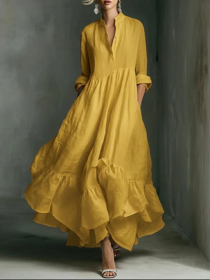 Women Solid Color Stand Collar V Notch Long Sleeve Tiered Ruffle Maxi Dress Casual Loose Fit Dress