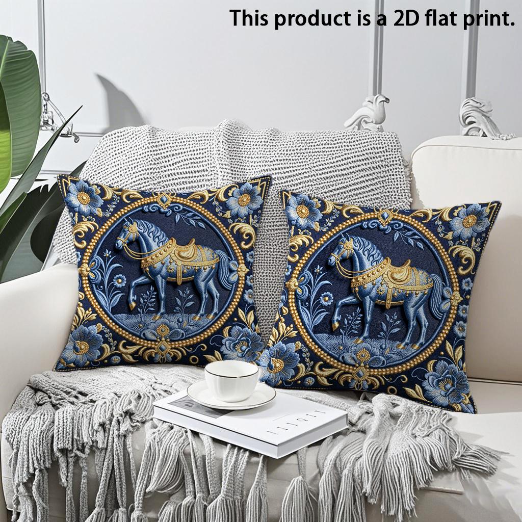 

2pcs Vintage Royal Blue Gold Horse Decorative Throw Pillow Covers for Couch Sofa Bedroom Living Room Cushion cover 45x45cm-2pcs