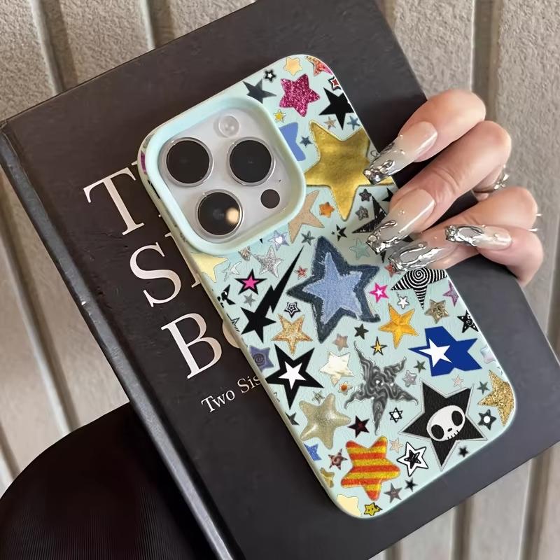 Stylish And Colorful Star-Pattern Phone Case For iPhone 17 Pro Max 16 Plus 15 Pro 14 13 12 11 XR 17Air Lychee Textur Soft Cover