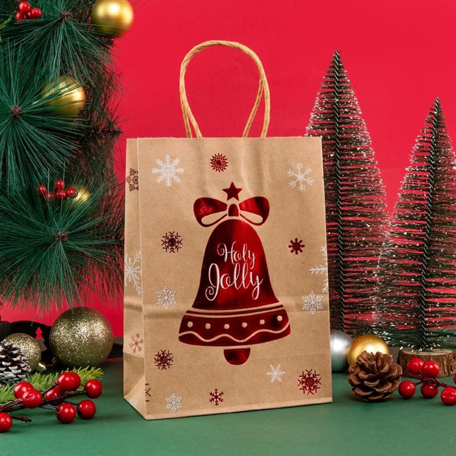 5PCS Christmas Tote Bag Christmas Eve Party Gifts Kraft Paper Gift Bags Hot Stamped Elk Snowflake Bags