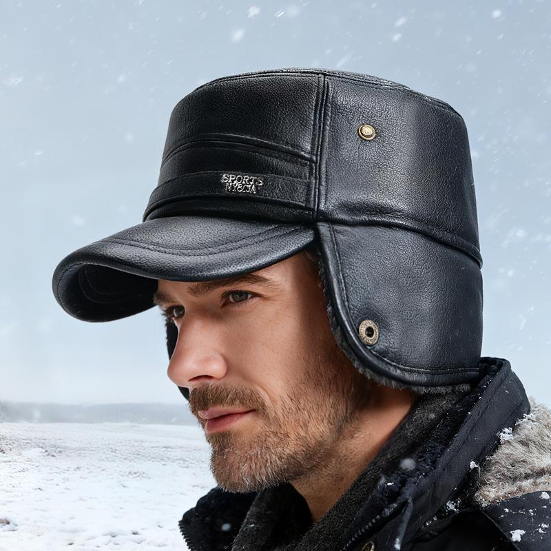 Middle-Aged and Elderly Hat Men's Winter Warm Father Grandfather Leather Hat Velvet Cold-Proof Old Man Ear Protection Flat Cap
