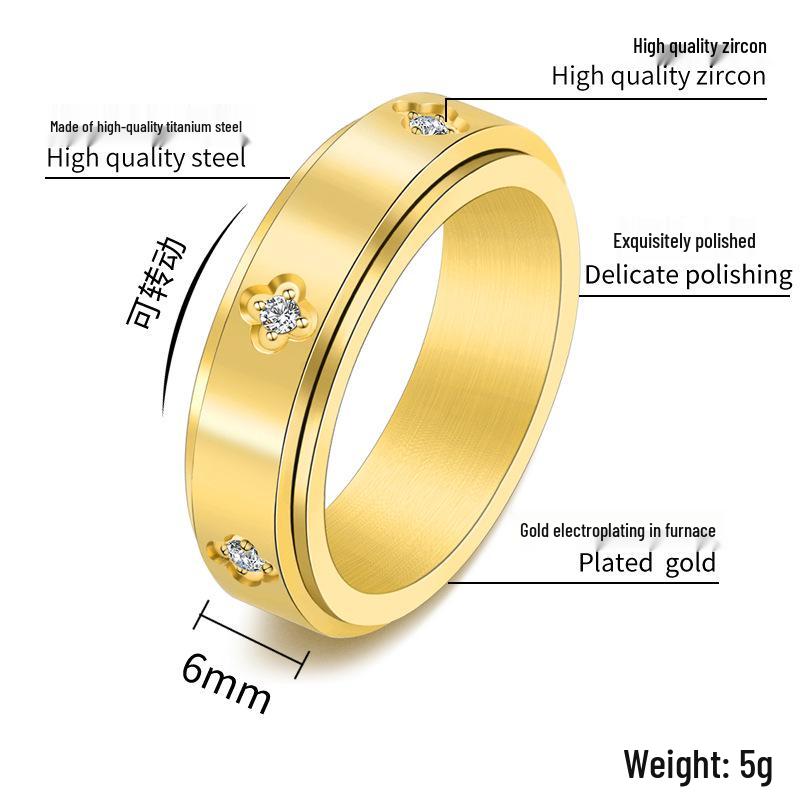 18K Gold Korean-Style Titanium Steel Rotatable Four-Leaf Clover Ring for Women - Minimalist Jewelry