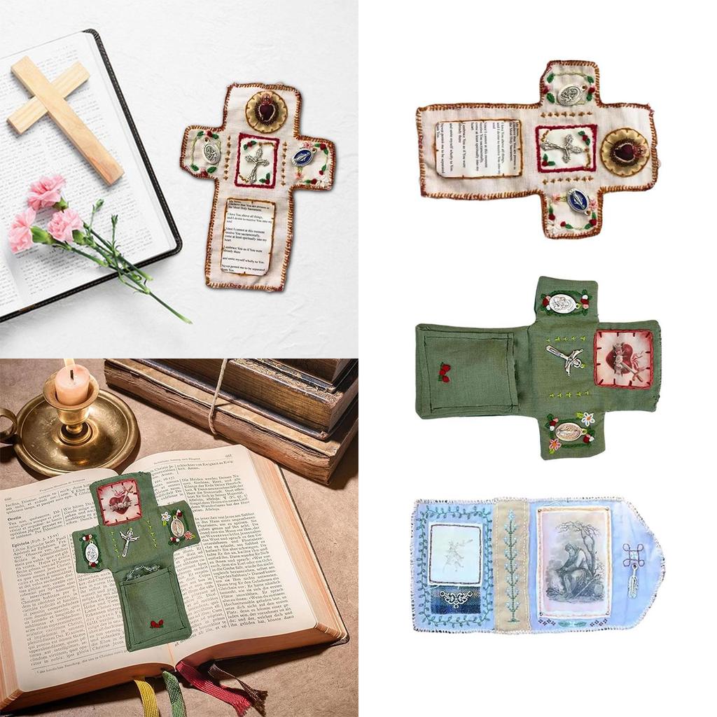 Cloth Pocket Prayer Shrine with Cross Portable Remembrance Ornament Miniature Travel Spiritual Gift for Family