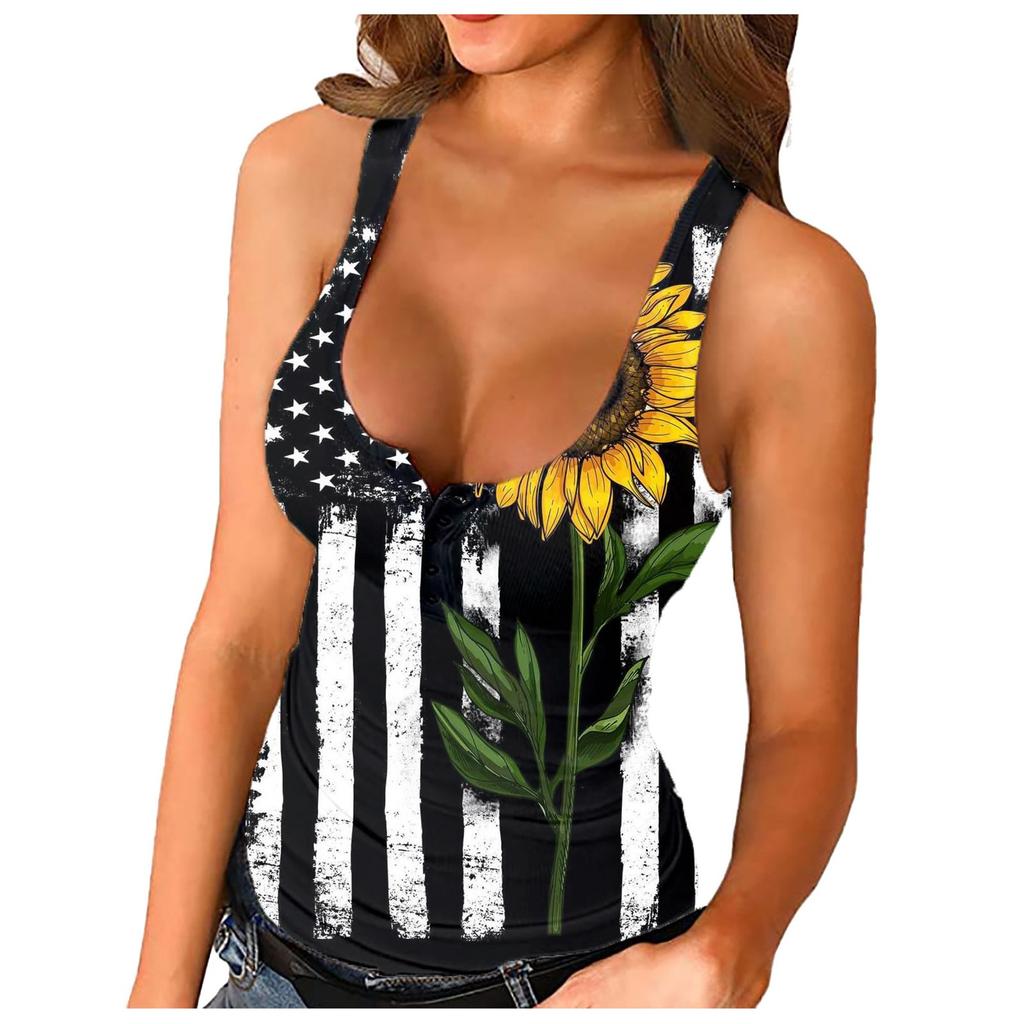 Women's Low Cut Sexy Tight Printed Round Neck Sleeveless Button Vest Tops