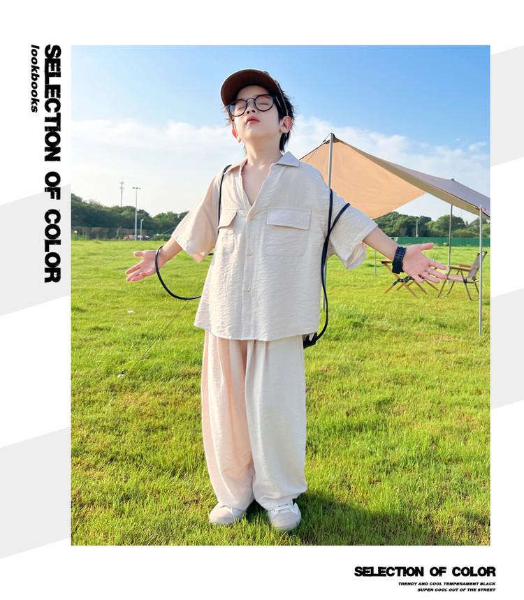 Boys' Summer 2026 Casual Korean Style Two-Piece Set – Short Sleeve & Long Pants