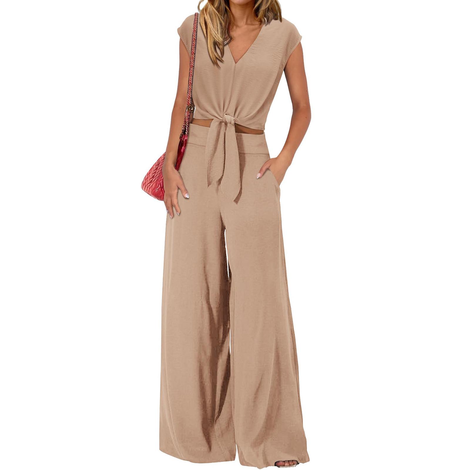 

Женский летний костюм из 2 предметов, укороченный топ с короткими рукавами и v-образным вырезом на шнуровке, широкие брюки, повседневная спортивная одежда L хаки