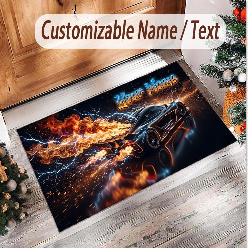 Auto-Rennsport-Thema Weicher Kristall-Samt Teppich Benutzerdefinierter Name & Text Druck Rutschfester Boden Teppich für Schlafzimmer Wohnzimmer