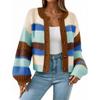 Women's Striped Chunky Needle Button-Down Cardigan Sweater Colorblock Long Sleeve Knitted Jacket