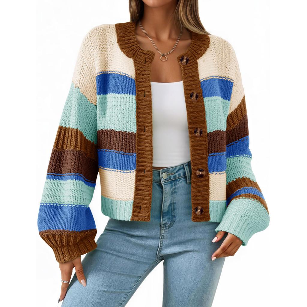 Women's Striped Chunky Needle Button-Down Cardigan Sweater Colorblock Long Sleeve Knitted Jacket