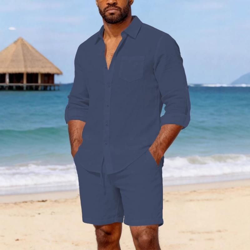Mens Casual Solid Color Linen Button Down Shirt And Shorts Set