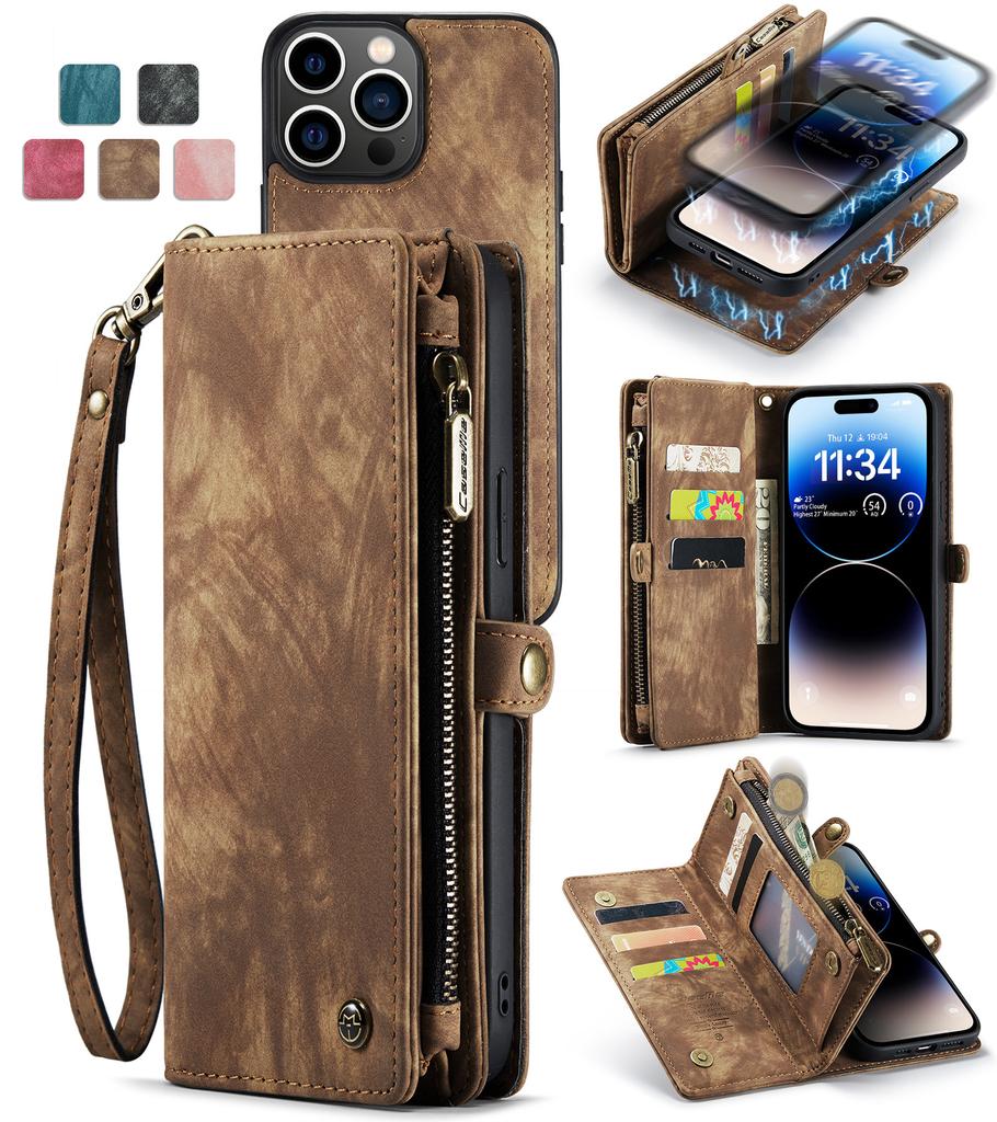 Für iPhone 14 Pro Max Brieftaschenhülle mit Riemen Reißverschluss-Geldbörse Kartenfächer & Abnehmbare Magnetische PU-Lederhülle Brieftasche für Damen/Herren