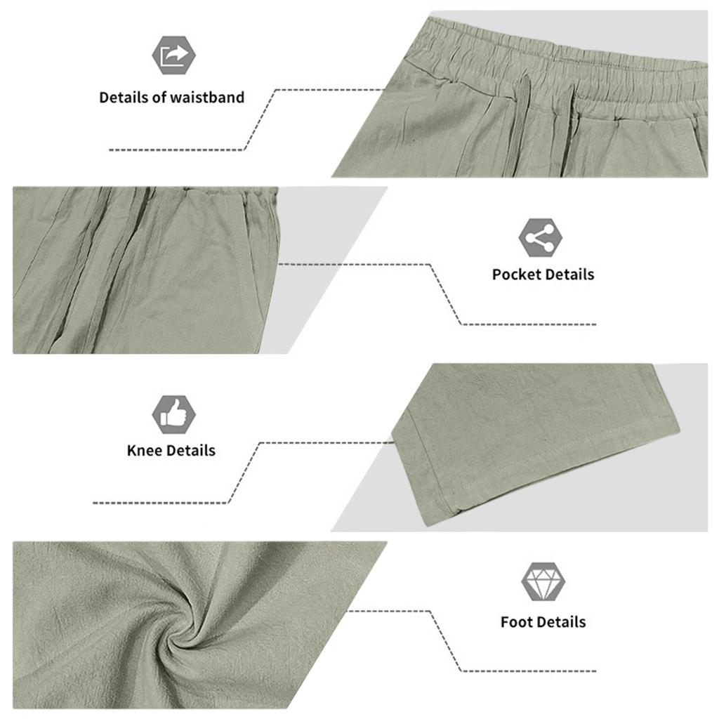 Men's Breathable Sweat Absorbent Solid Color Casual Wide Leg Linen Pants Elastic Waist Drawstring Lightweight Summer Trousers