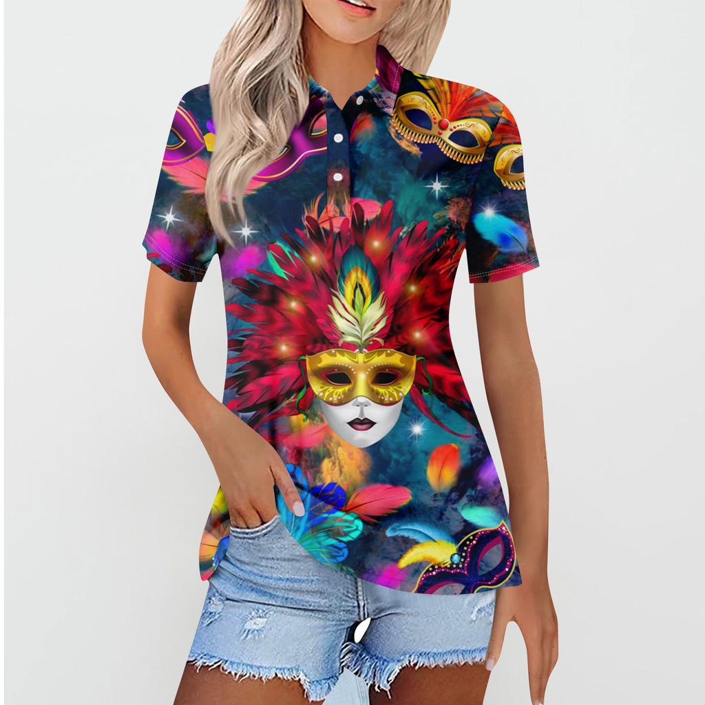 Kvinners uformelle blomstertrykk V-hals kortermet dekorativ knapp T-skjorte topp