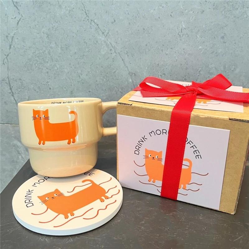 

Cute Cartoon Cat Cup with Coaster, Cute Cat Cup Mat Ceramic Mug, Water cup, Breakfast Milk Mug Creative Christmas Gift 201-300ml