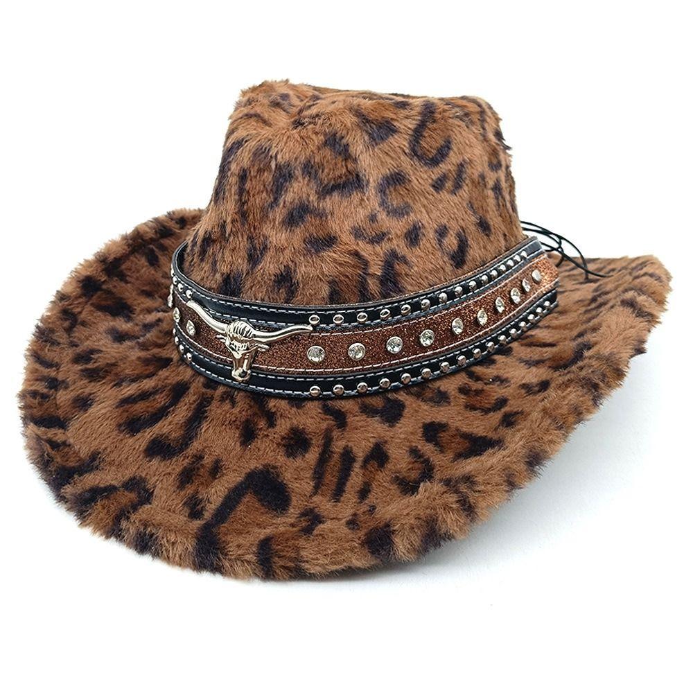 Rivet Detail Western Cowboy Hat Leopard Print Wide Brim Cowboy Cap Autumn Winter Wear