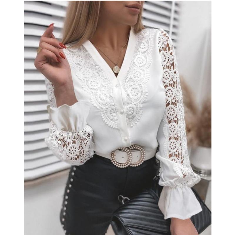 Women S Long Sleeve Lace V Neck Solid Color Blouse