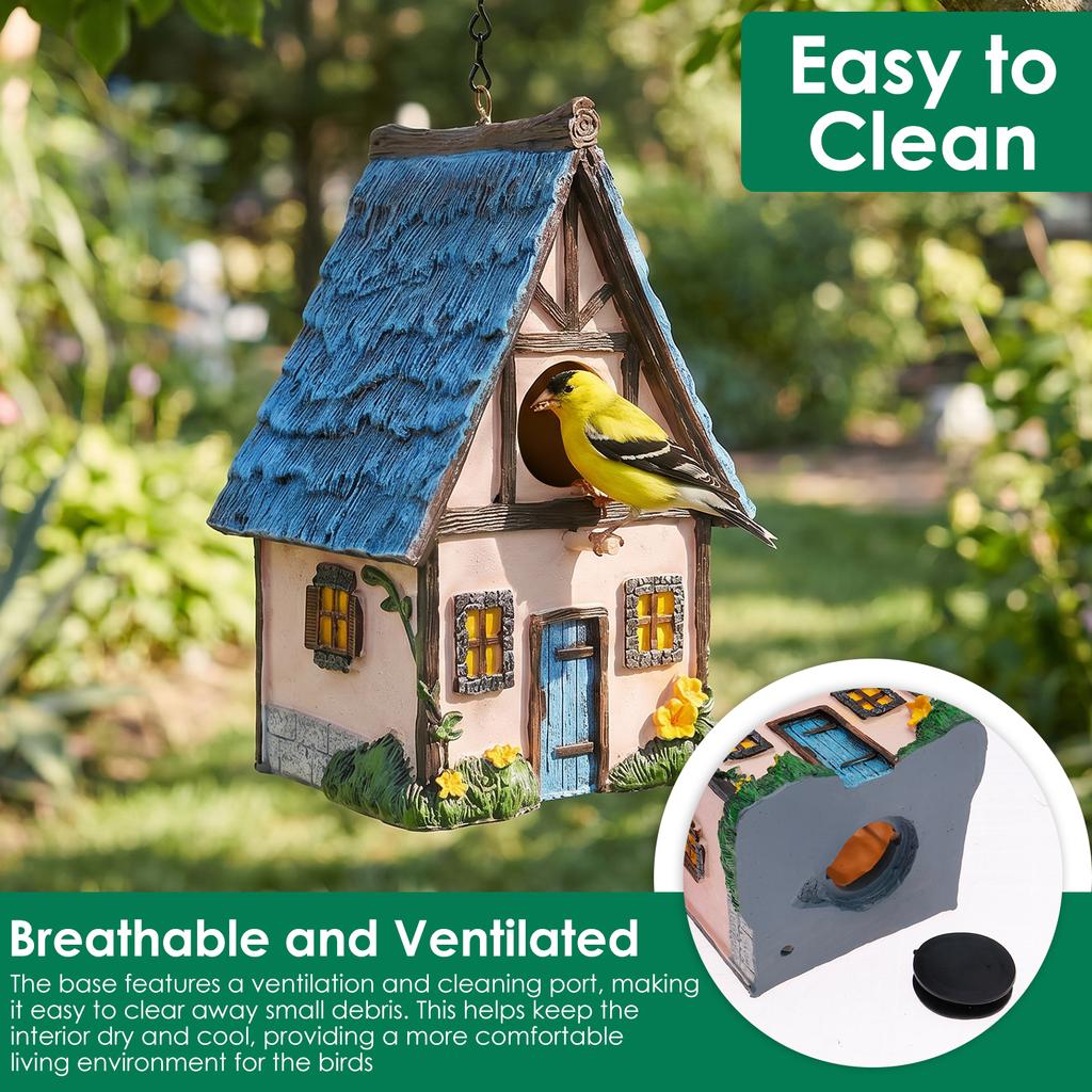 Vintage Hanging Bird House Resin Breathable Outdoor Birdhouse with S Hook Chain Pet Supplies for Patio Yard Garden Decoration