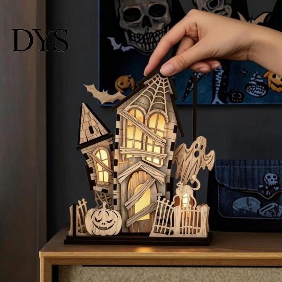 Immersive Lighted Holiday Figurine 3D Halloween Village Haunted House Figurine, Spooky Light Up Wooden Castle Ornament Festival Interior Furnishing