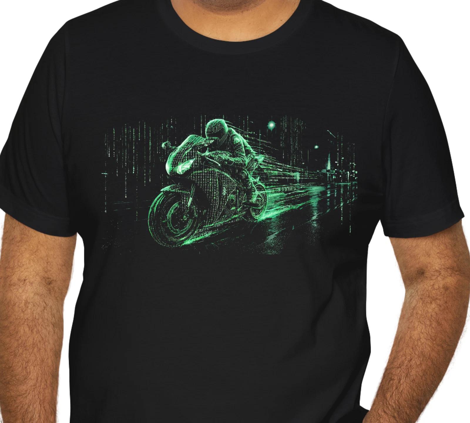 Cyberpunk Motorcycle T-Shirt Matrix Rain Digital Green Code Sportbike Hacker S