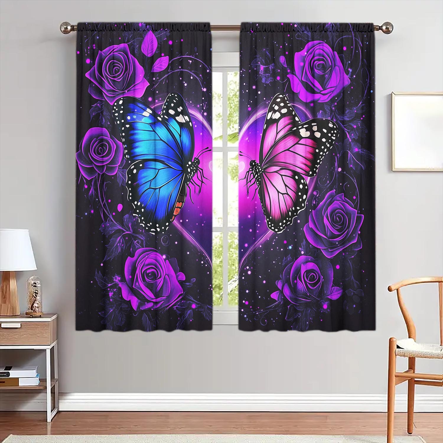 

2pcs Purple Butterfly Rose Decorative Curtains Suitable for Family and Friends Romantic Ornate Themed Curtains 100*130 Rod Pocket 1pcs