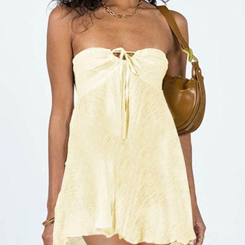 Graceful Personality Women's Clothing European American Summer New Fashion Tube Top Sexy Open Back Pure Color High Waist Dress