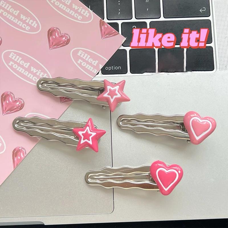 Nowa koreańska różowa spinka do włosów w gwiazdki dla kobiet Y2K słodka fala metalowa spinka wsuwka dziewczyna urocze akrylowe akcesoria do włosów